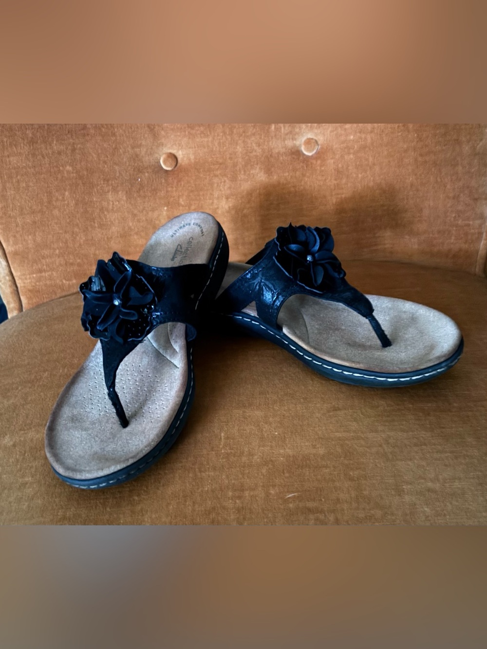 Clarks Collection Black Floral Toe-Post Sandals